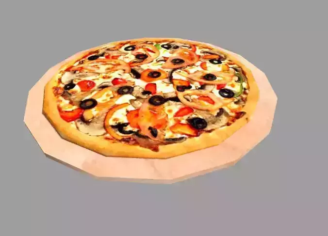 low poly meal pizza on wooden board Low-poly 3D model