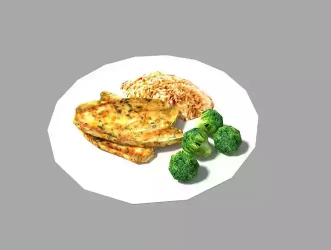 low poly meal chicken breast and broccoli on plate Low-poly 3D model