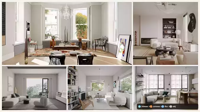 Collection of Modernist Style Apartment Scenarios 3D Model Pack