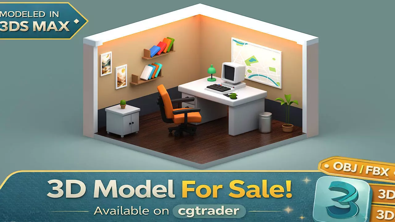 Isometric Study Room Low-poly 3D model