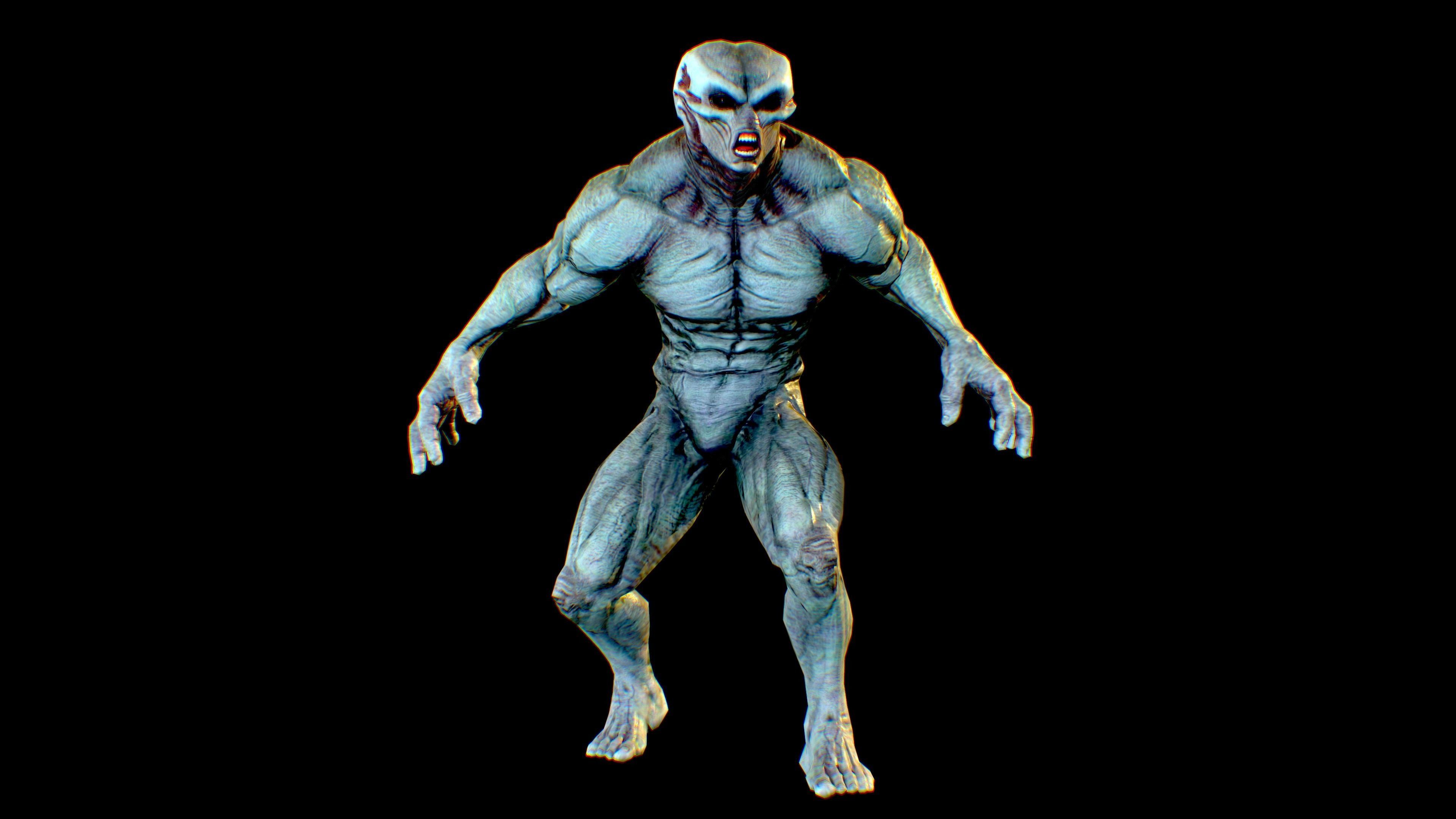 Realistic Alien 10 Huge Muscular Grey Low-poly 3D model_6