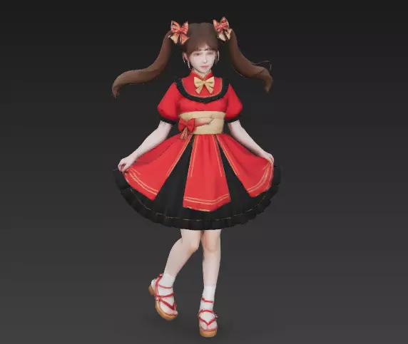 Chinese scene a little girl in a red dress 3D model