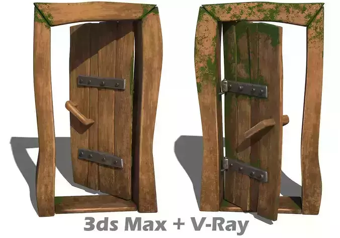 Old wooden door cartoonish ancient retro antique stylized Low-poly 3D model