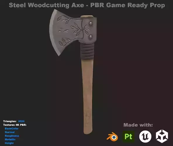Steel Woodcutting Axe - Game Ready PBR Tool Prop