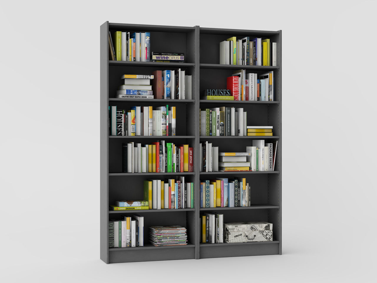 Wood bookcase with books 3D model_1