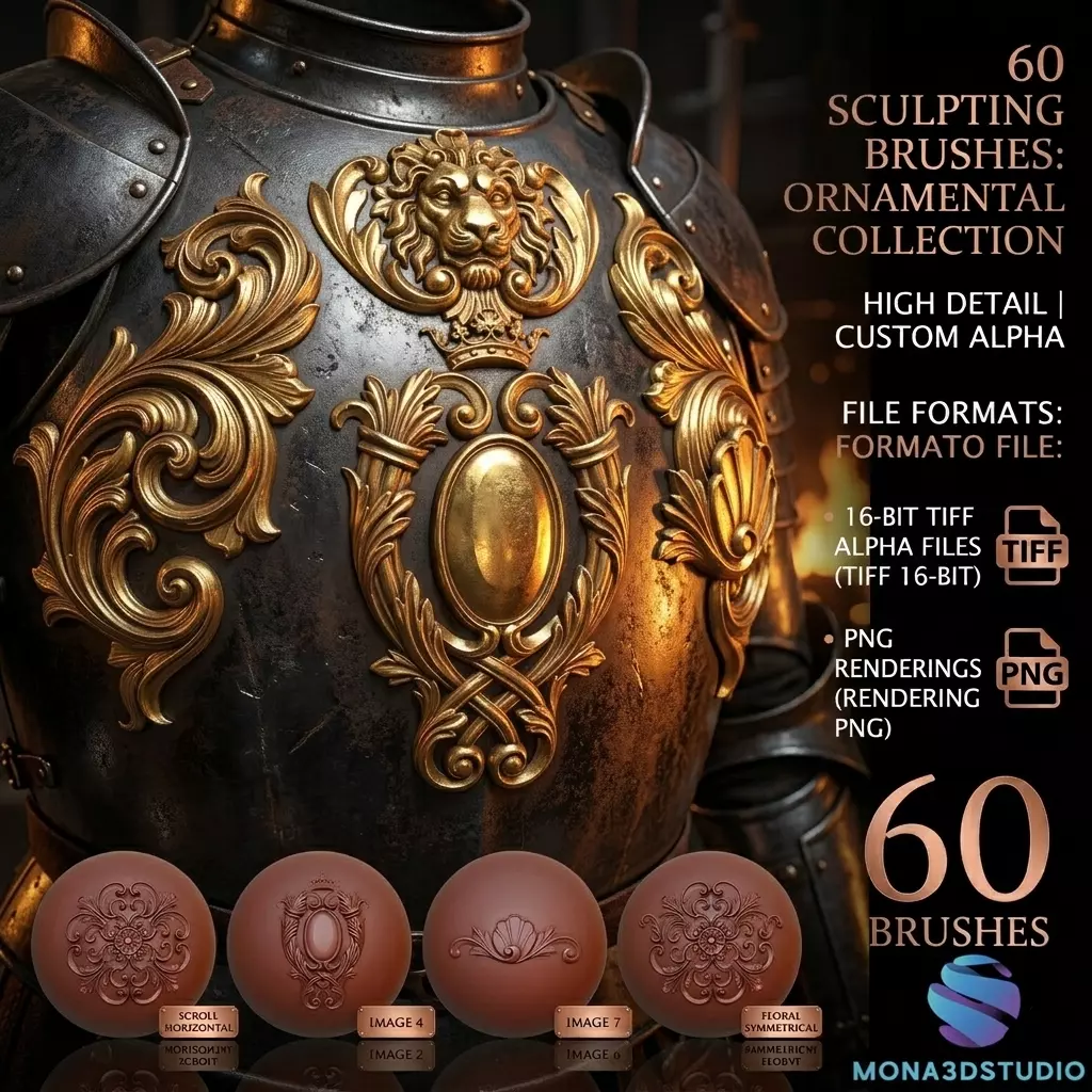 60 Ornamental Sculpting Brushes - 16bit Alpha and PNG Renders Texture