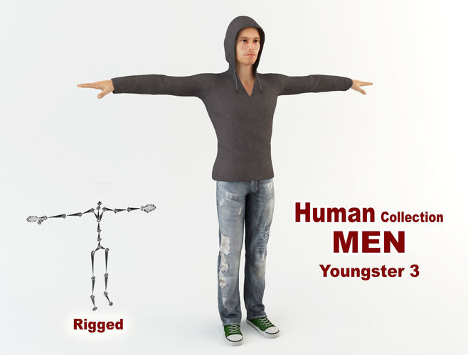 Youngster 3 man wearing hoodie and jeans 3D model