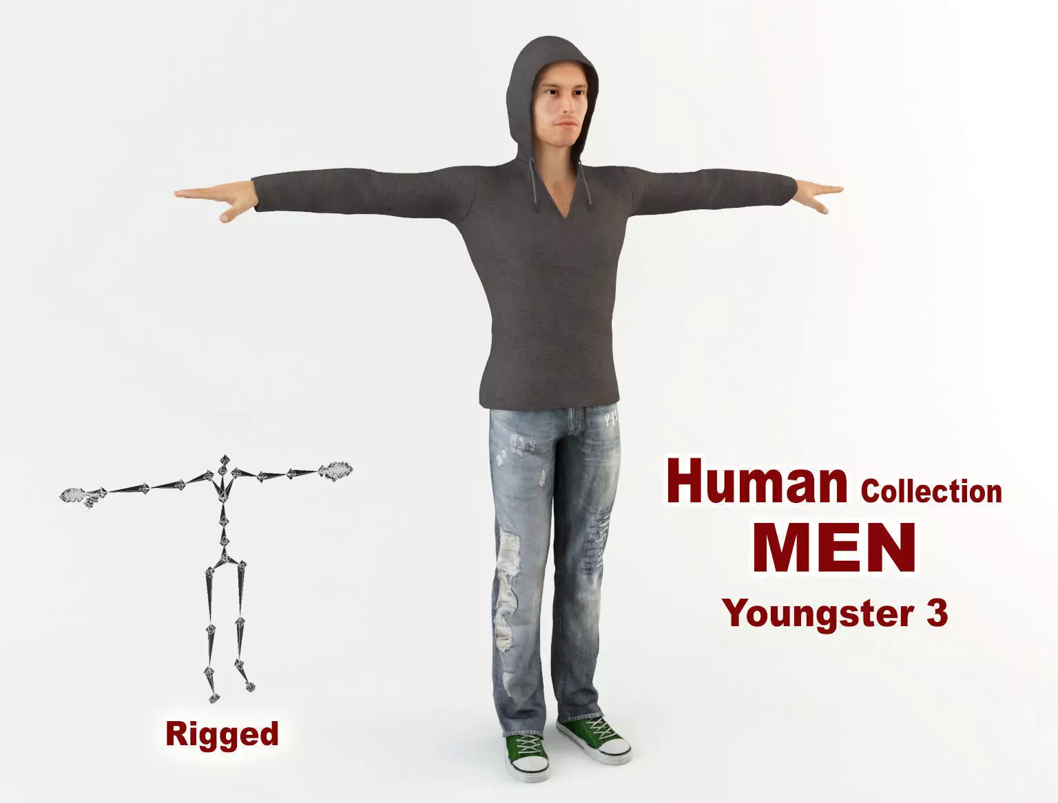 Youngster 3 man wearing hoodie and jeans 3D model_0