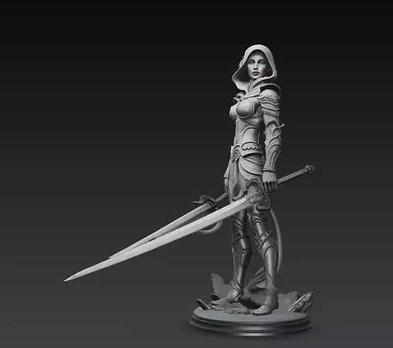 Hooded Female Warrior Sword Assassin Statue STL 3D Model