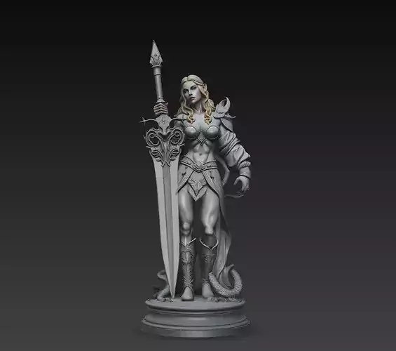 Fantasy Female Warrior Sword Statue Hero Character STL