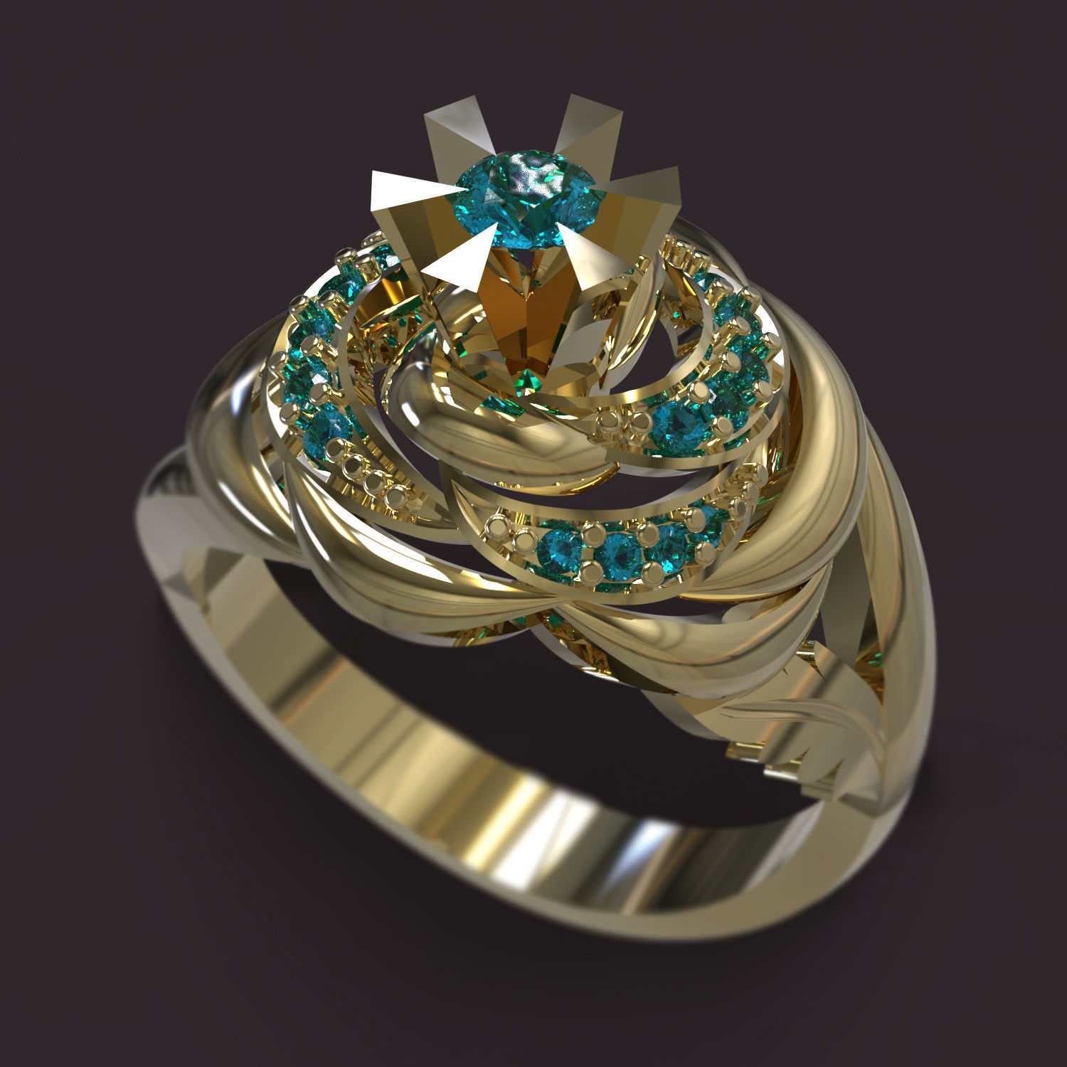 Ring gold with turquoise stones 3D print model_2