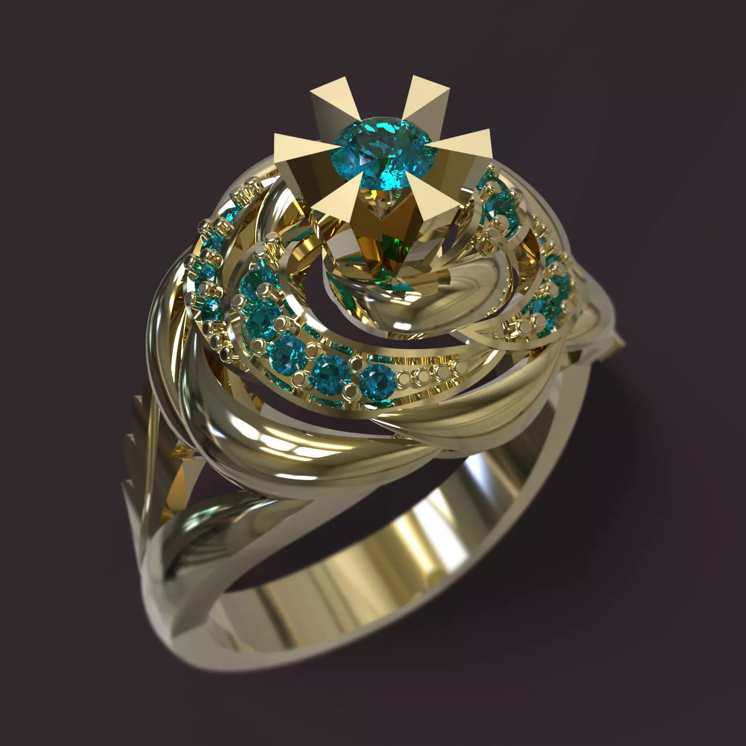 Ring gold with turquoise stones 3D print model_0