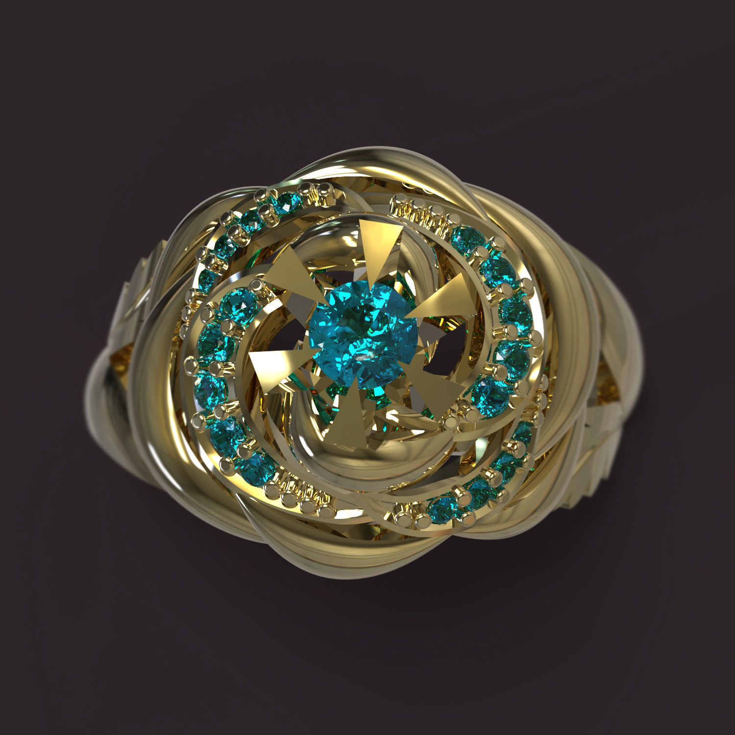Ring gold with turquoise stones 3D print model_1