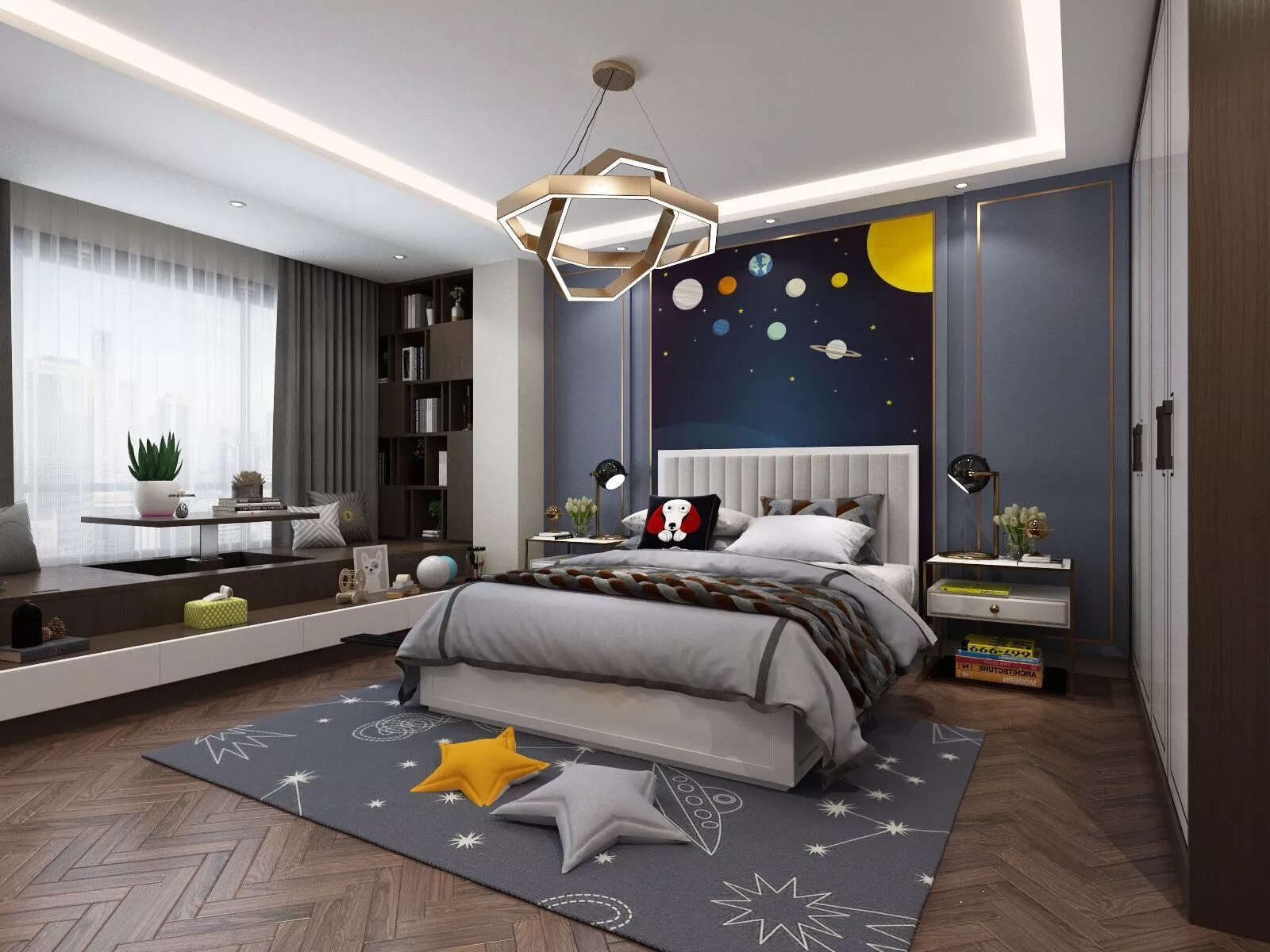 Child Bedroom with Stars and Toys in Space Style 3D model