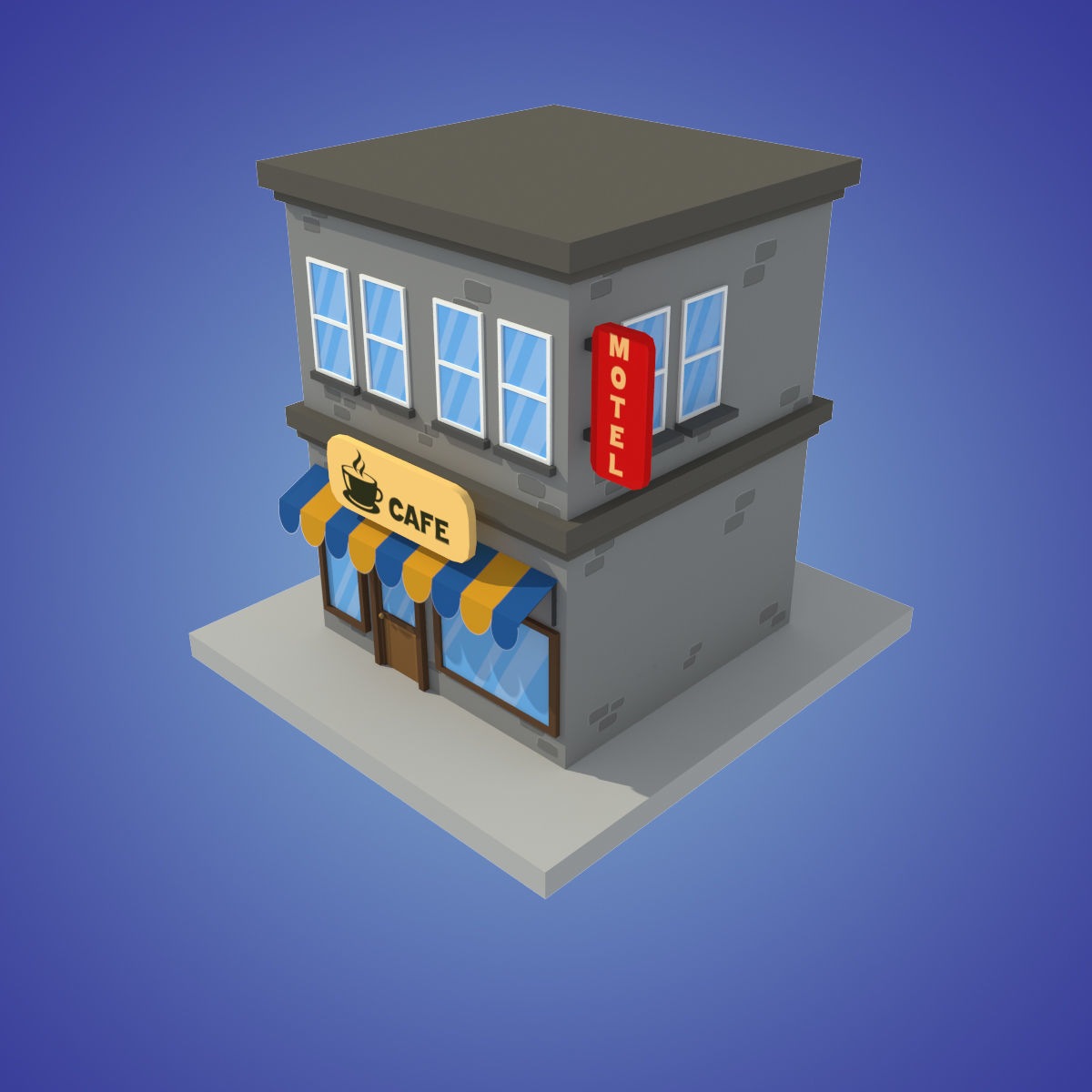 cafe motel cartoon building low poly Low-poly 3D model_3