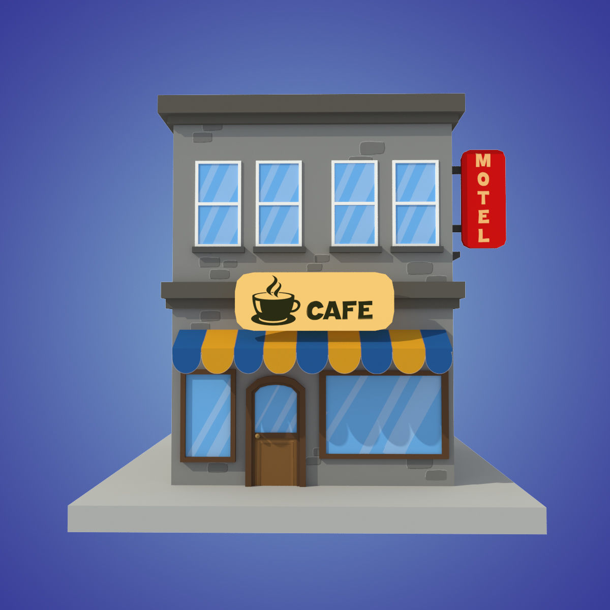 cafe motel cartoon building low poly Low-poly 3D model_2
