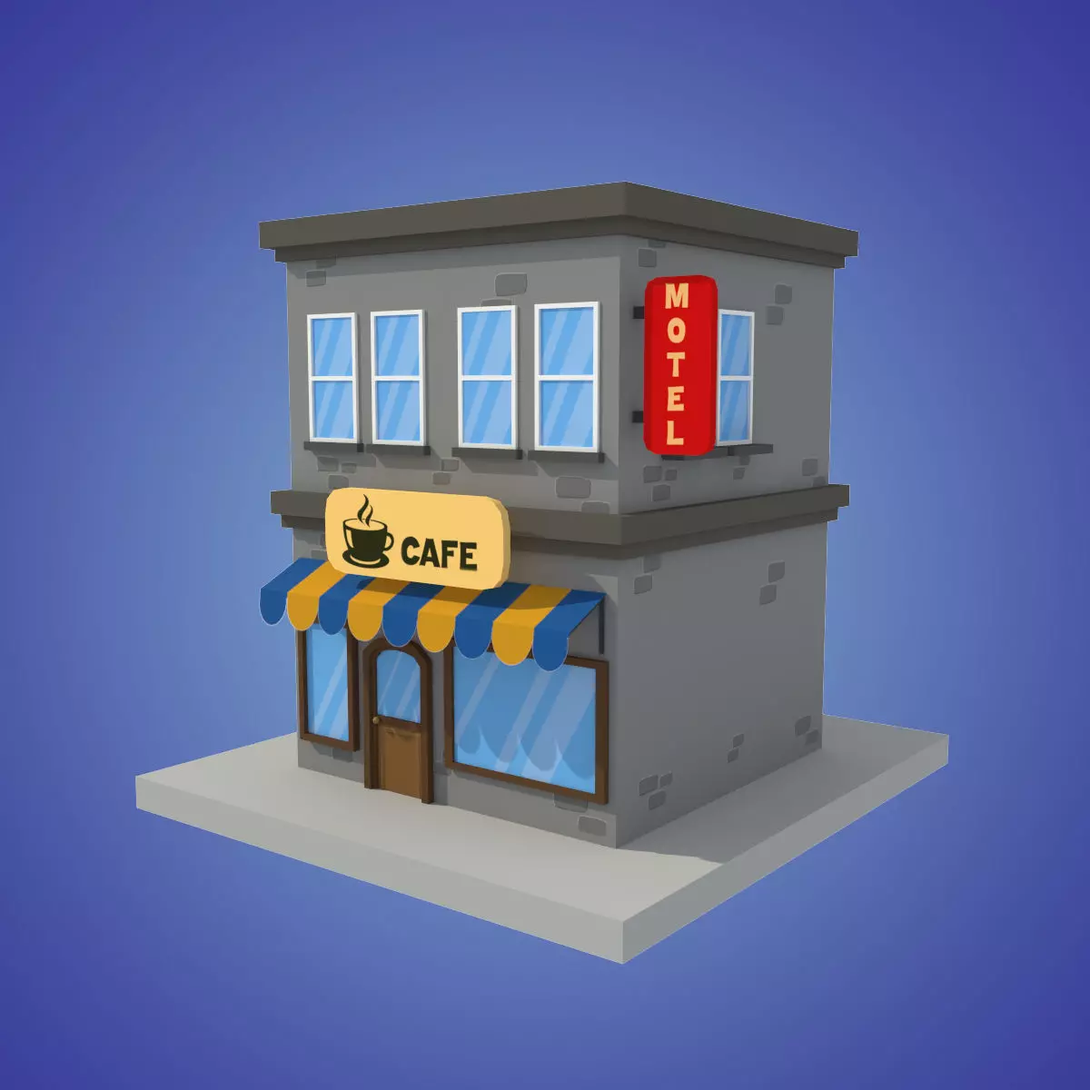cafe motel cartoon building low poly Low-poly 3D model_0