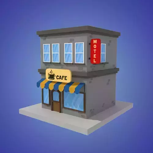 cafe motel cartoon building low poly