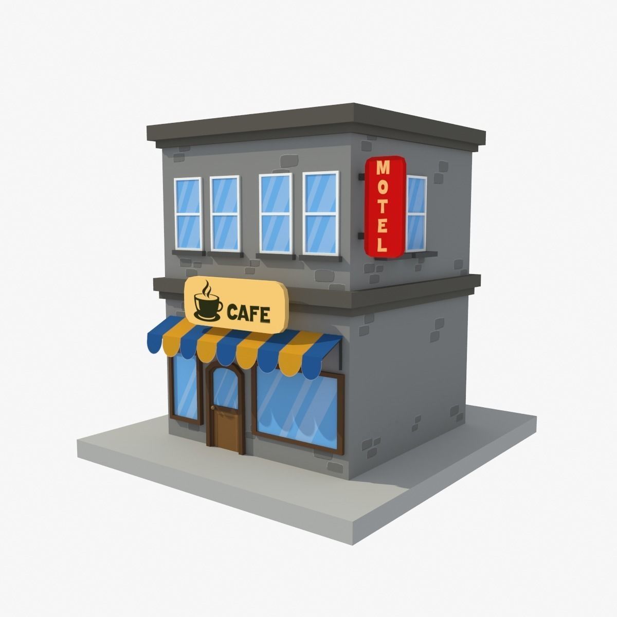 cafe motel cartoon building low poly Low-poly 3D model_1