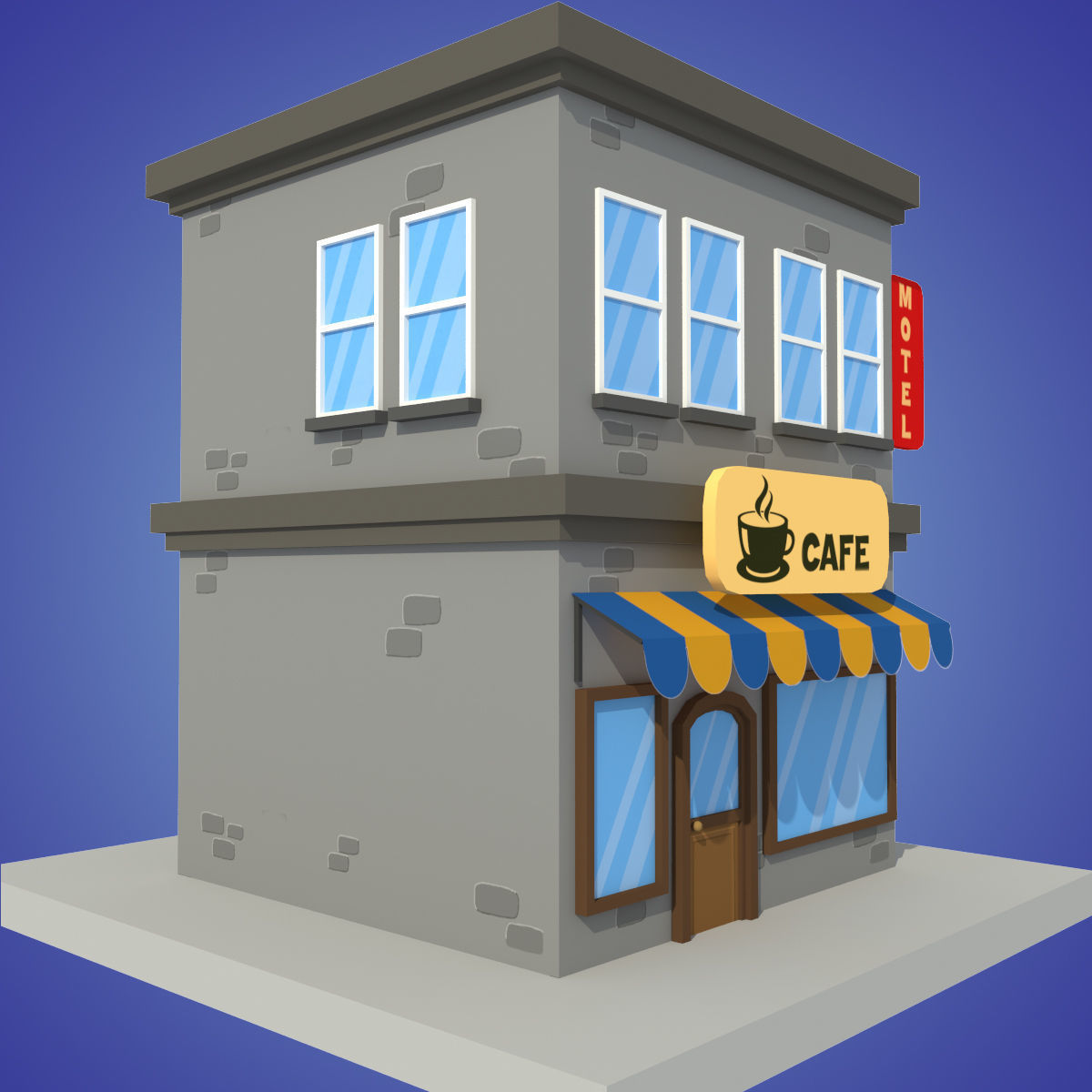 cafe motel cartoon building low poly Low-poly 3D model_4
