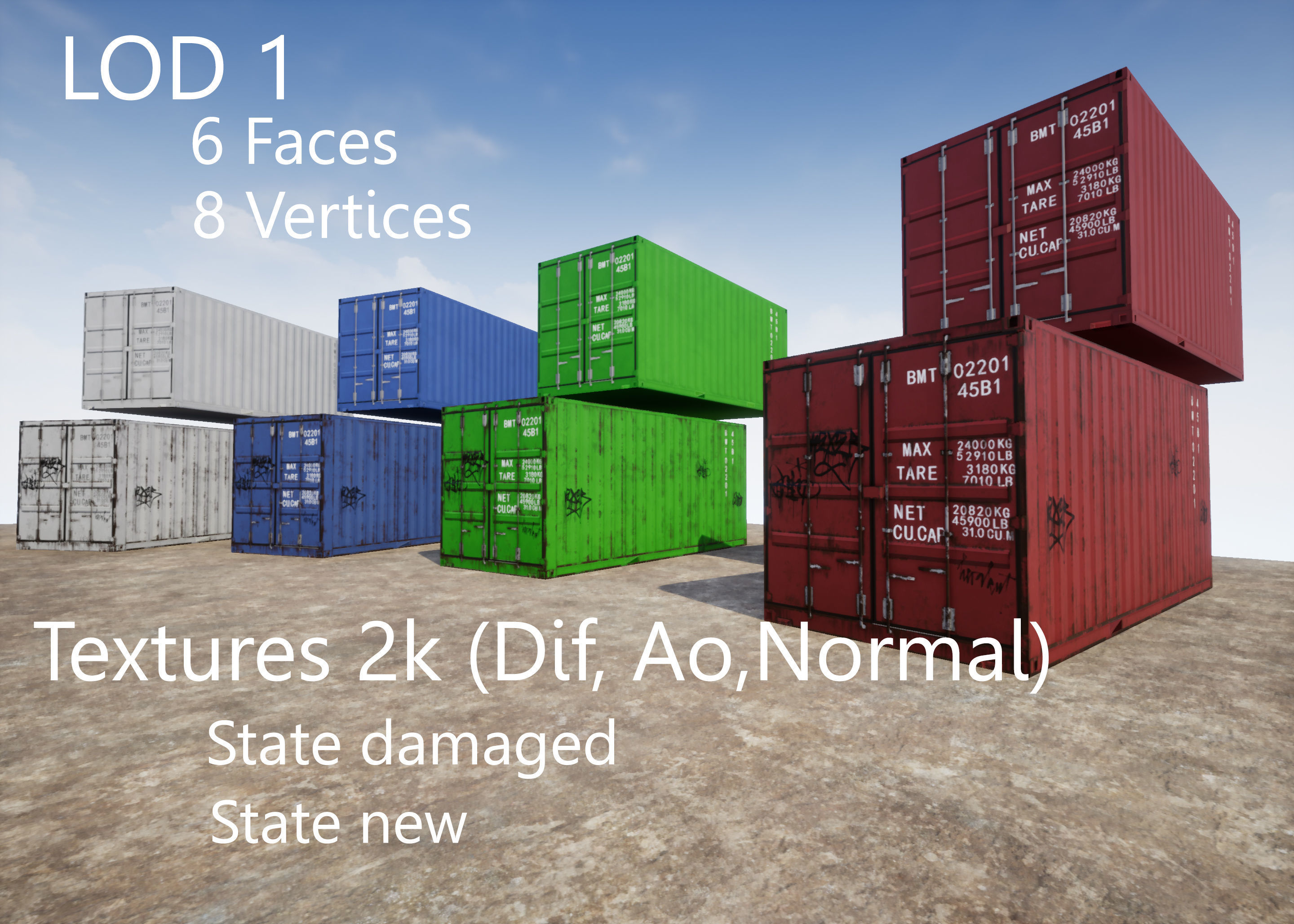 Container 20ft with 2 LOD for physically based rendering Low-poly 3D model_1