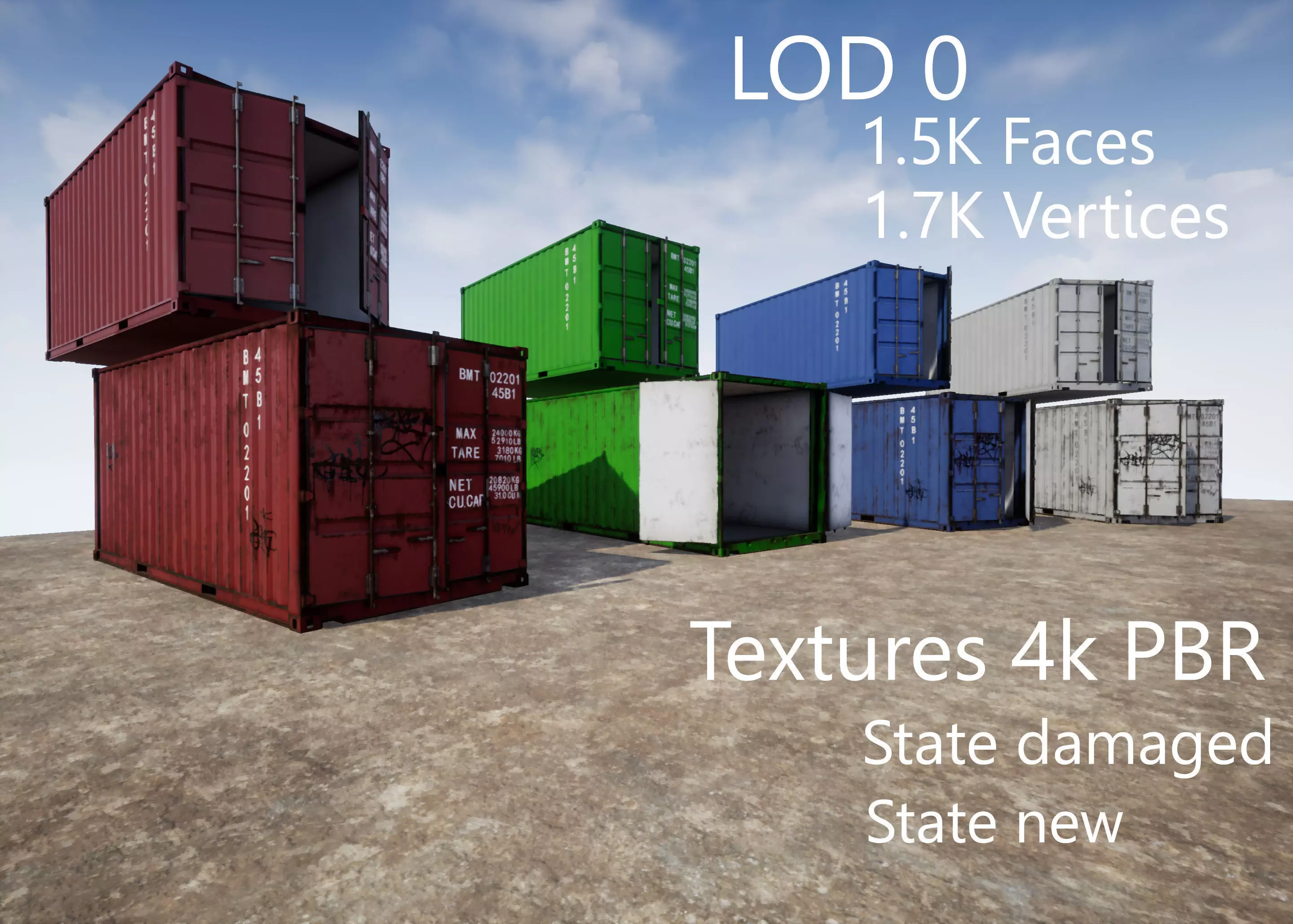 Container 20ft with 2 LOD for physically based rendering Low-poly 3D model_0