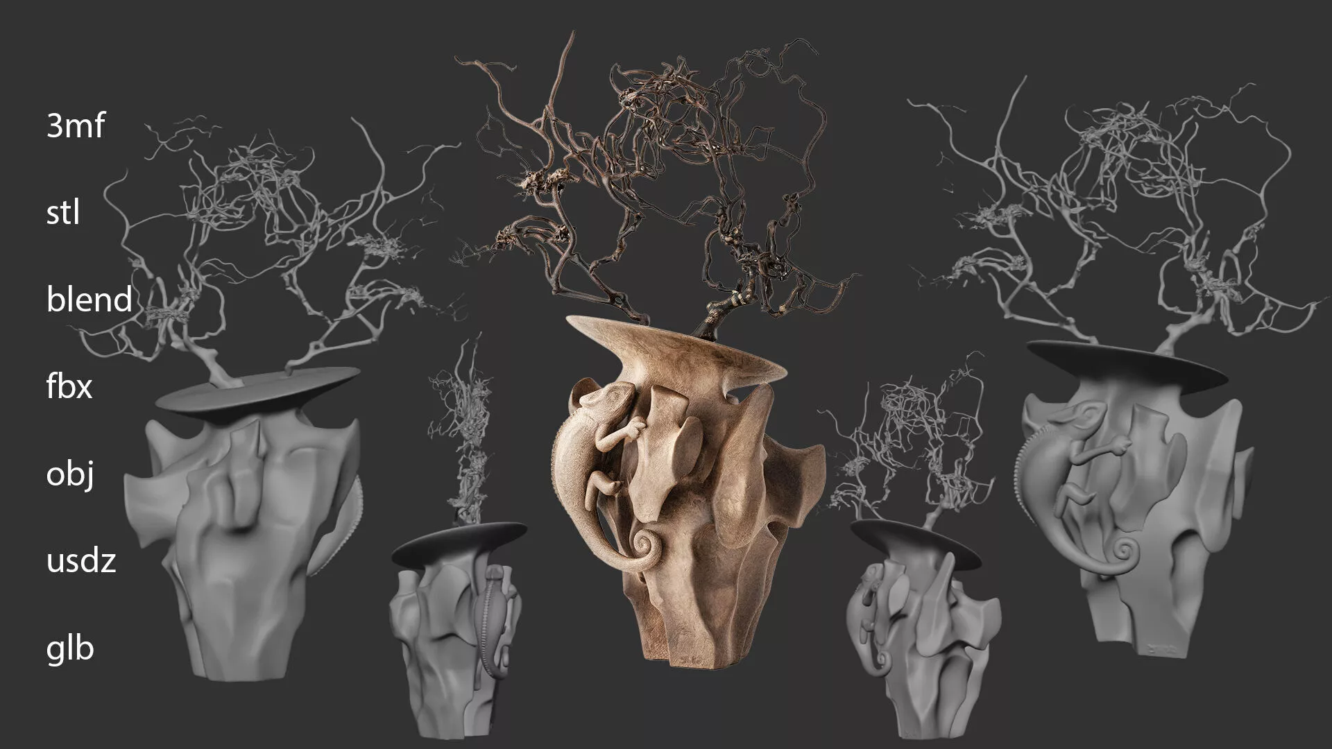 Abyssal Root Sculptural Vase Organic Stone Branches STL 3MF 3D print model