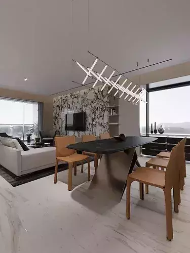 Living and dining room 3D model 4
