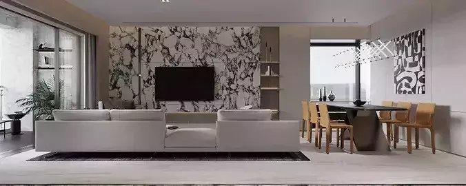 Living and dining room 3D model 6