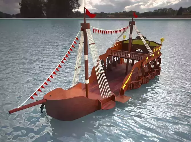 Galleon Model wooden pirate ship floating in water 3D model