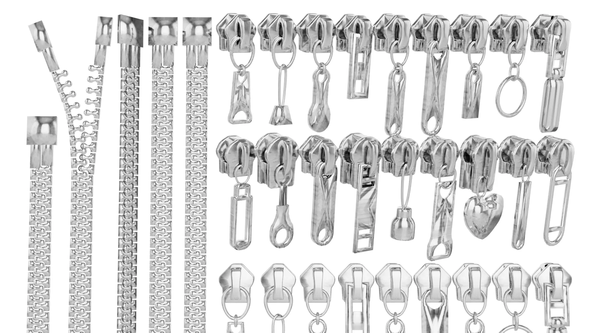 Multiple Zipper Sliders and Pullers Pack for Clothing and Bags Low-poly 3D model