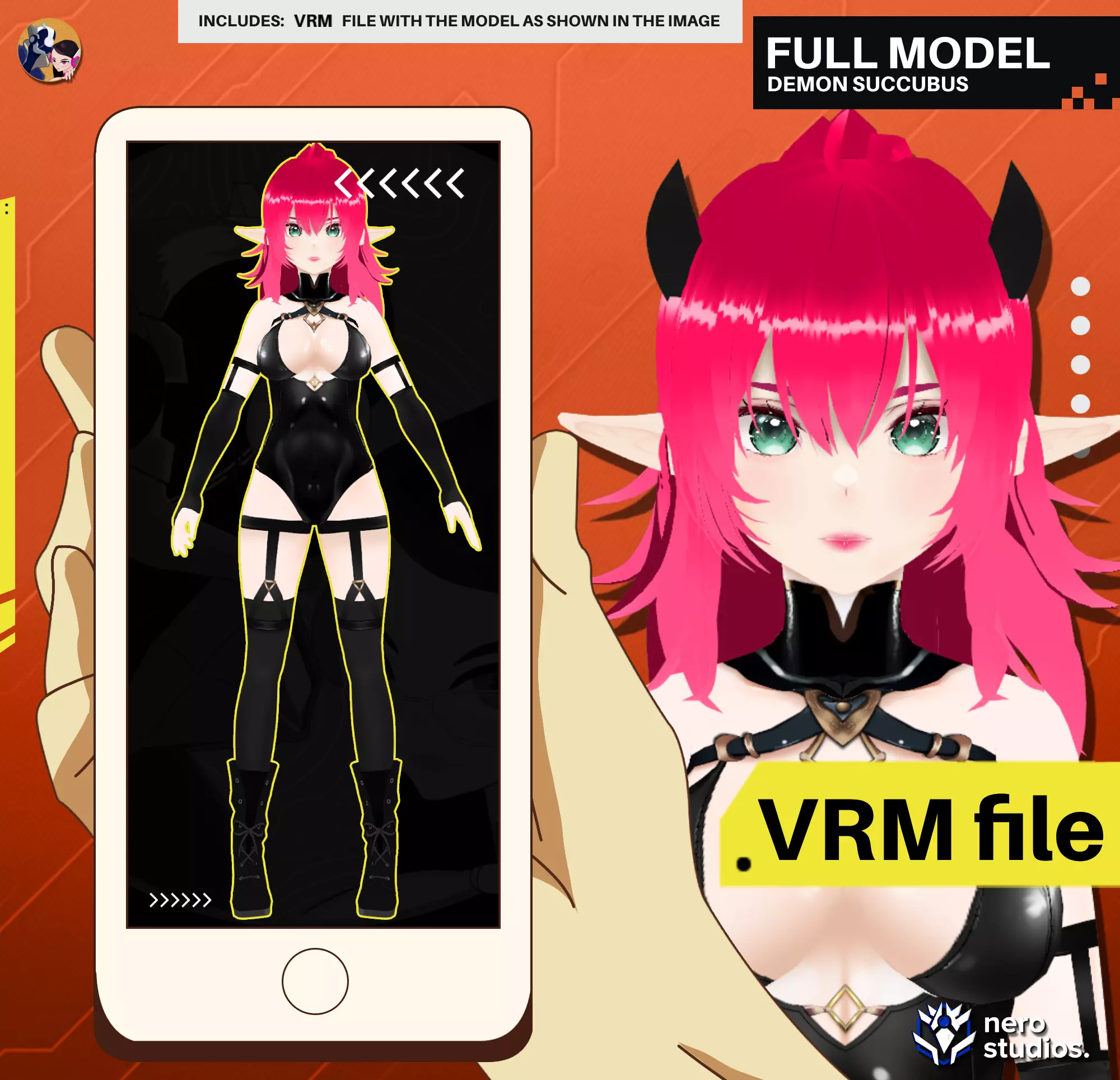 VRM DEMON SUCCUBUS HORNED LATEX SUIT GOTHIC PINK HAIR 3D model