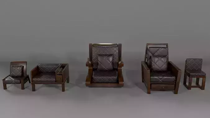 Luxury Armchair Pack 3D Leather Fabric Low Poly PBR Low-poly 3D model 2