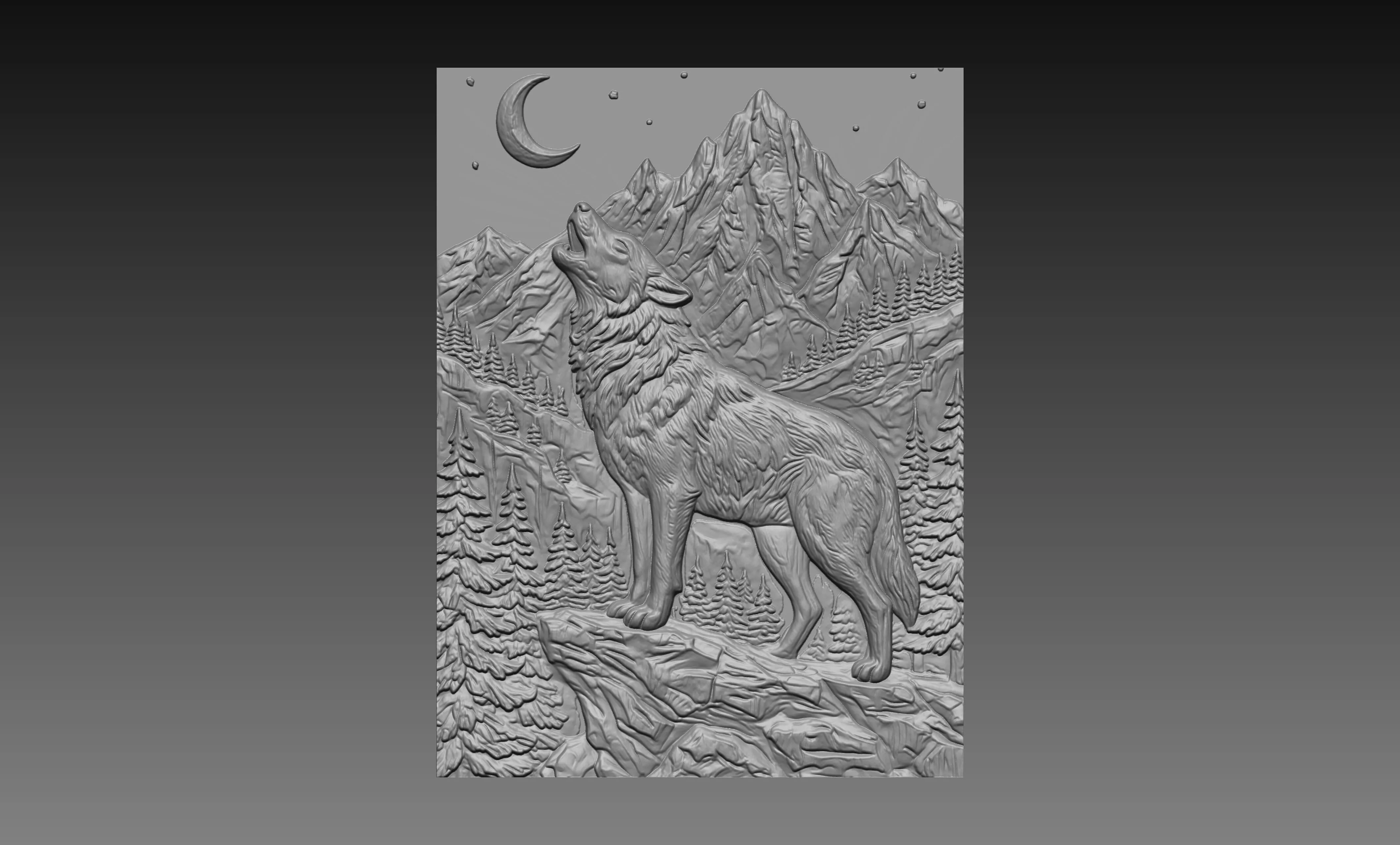 Wolf Howling cresent moon Mountain 3D Relief CNC Carving Model 3D print model