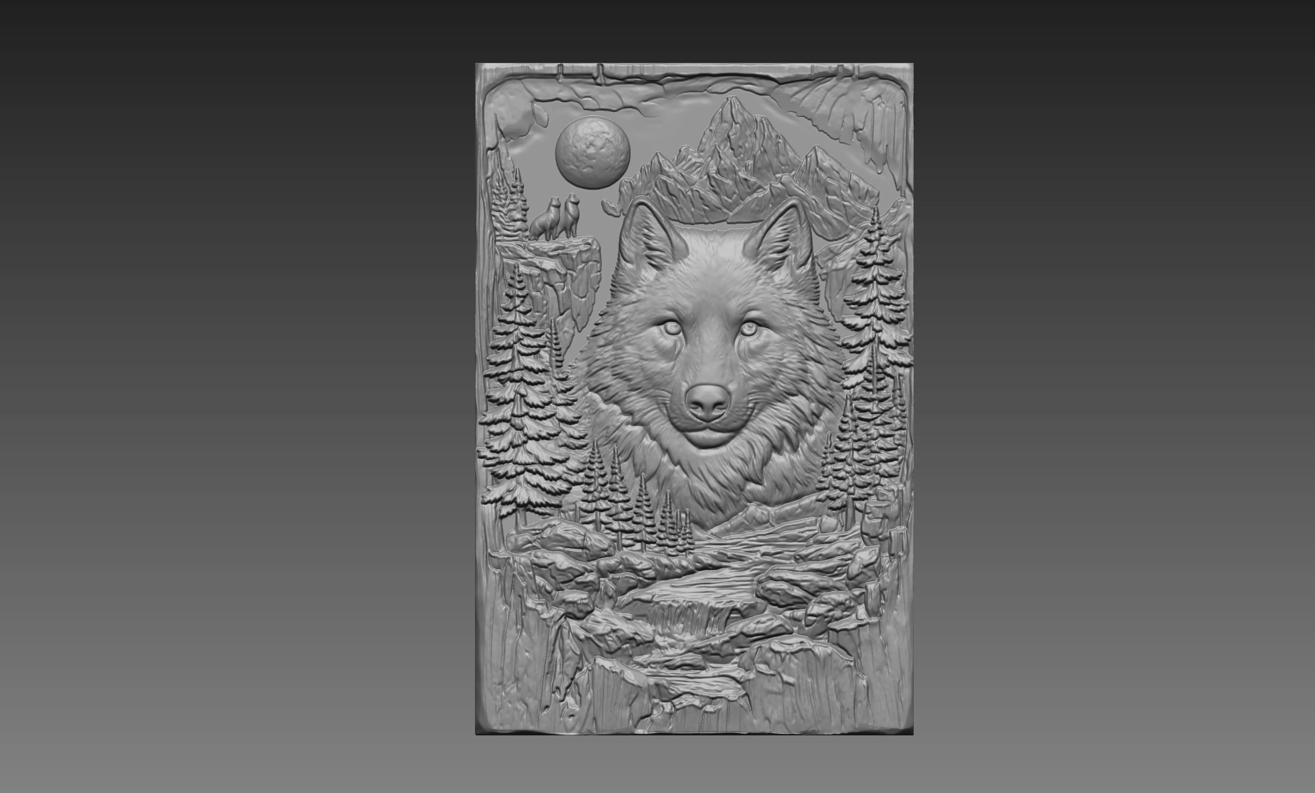 Wolf Head forest Moon 3D Relief STL CNC Carving 3D print model