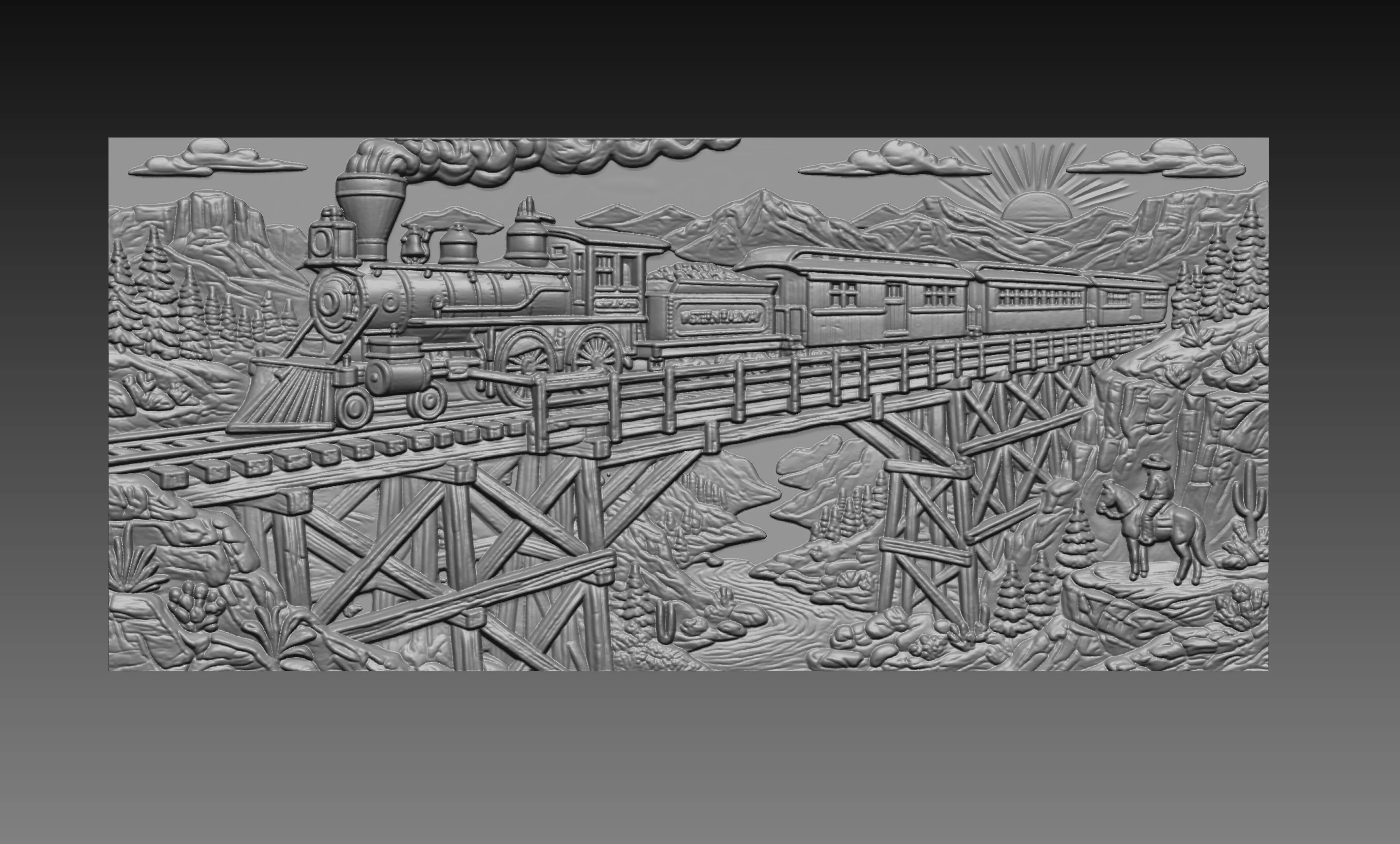 Western Steam Train 3D Relief Cowboy Bridge CNC Carving 3D print model
