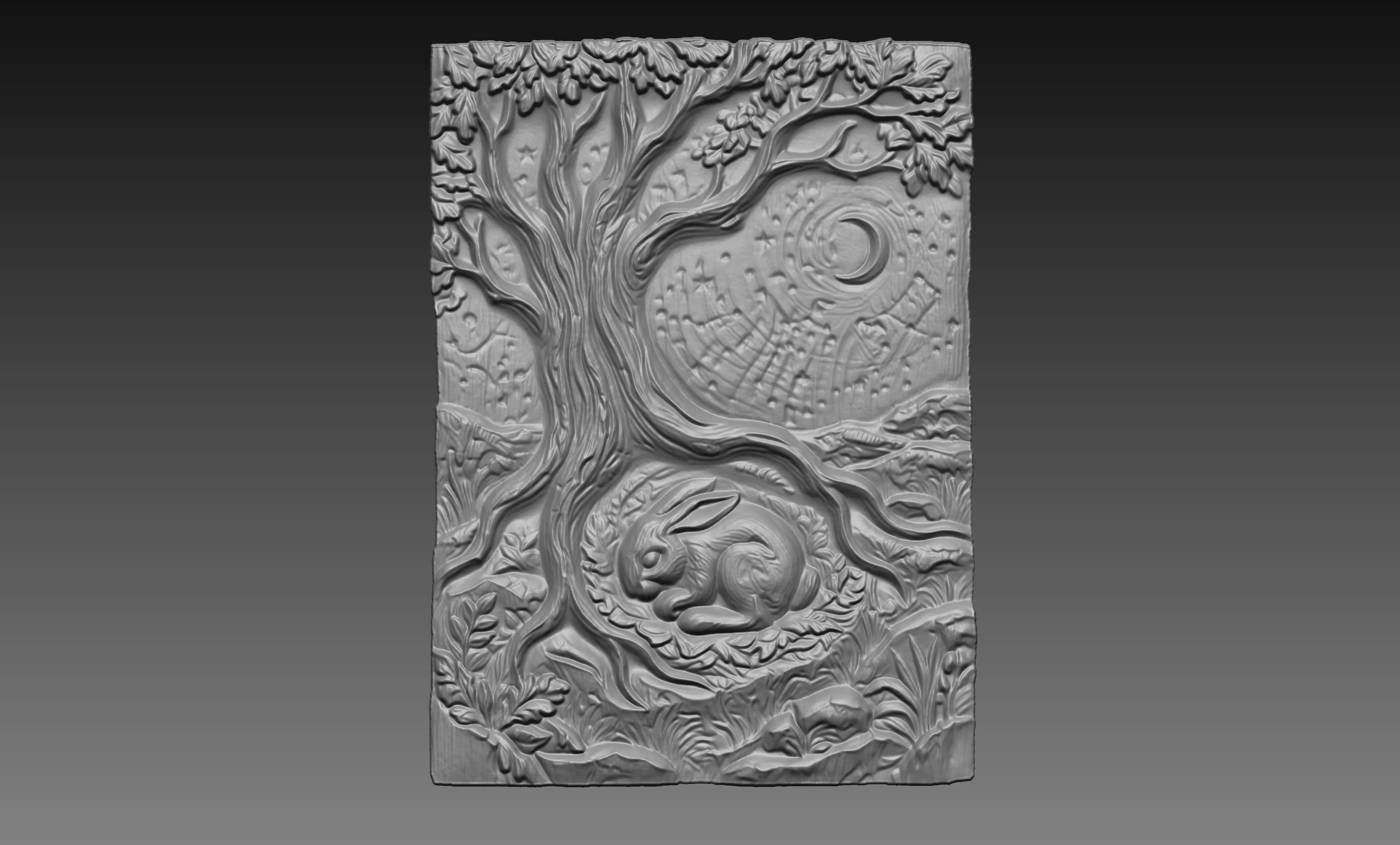 Sleeping Rabbit Moon Night Sky 3D Relief Woodland CNC Carving 3D print model