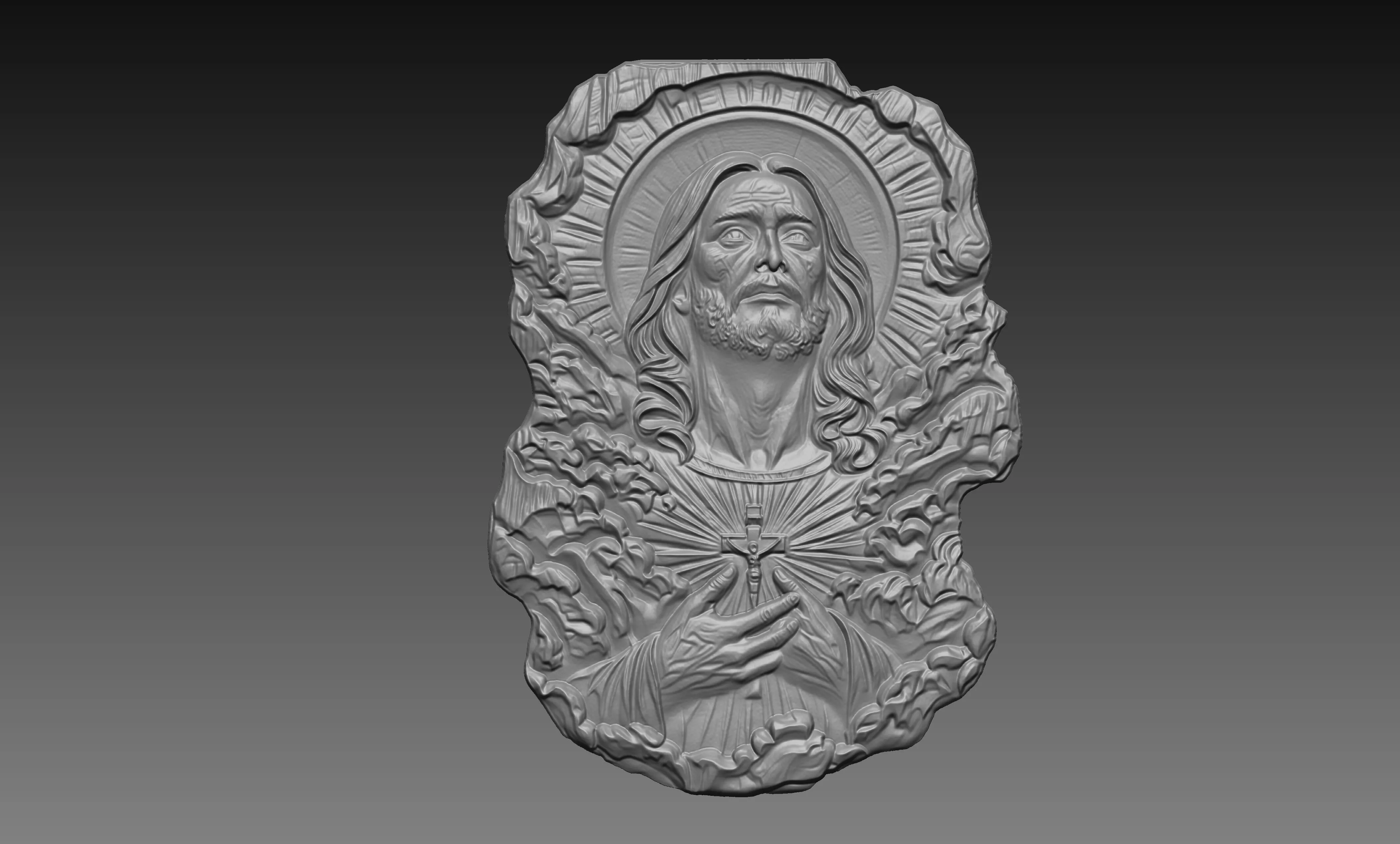 Jesus Holding Cross Christ shining Light Clouds Relief Carving 3D print model