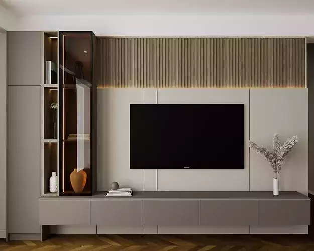Modern TV Stand with Wall Panel and LED Shelves