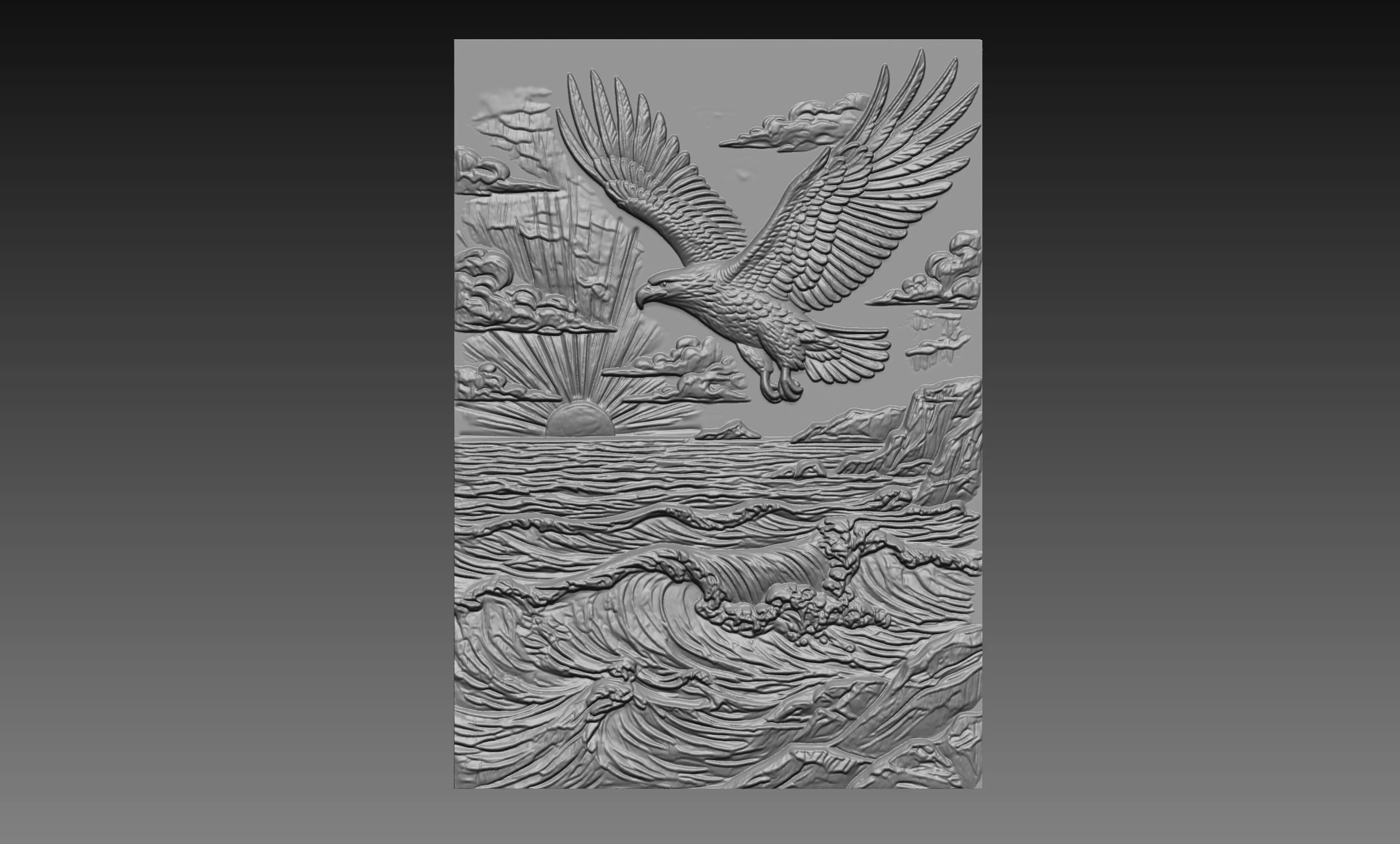 Eagle Ocean Sunrise 3D Relief STL Coastal Wildlife CNC Carving 3D print model