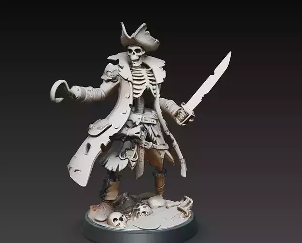 Skeleton Pirate Captain with Hook and Sword STL