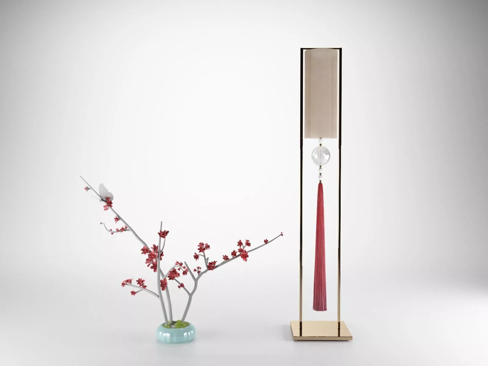 Lantern in Chinese Style and Pot Plant with Butterfly 3D model