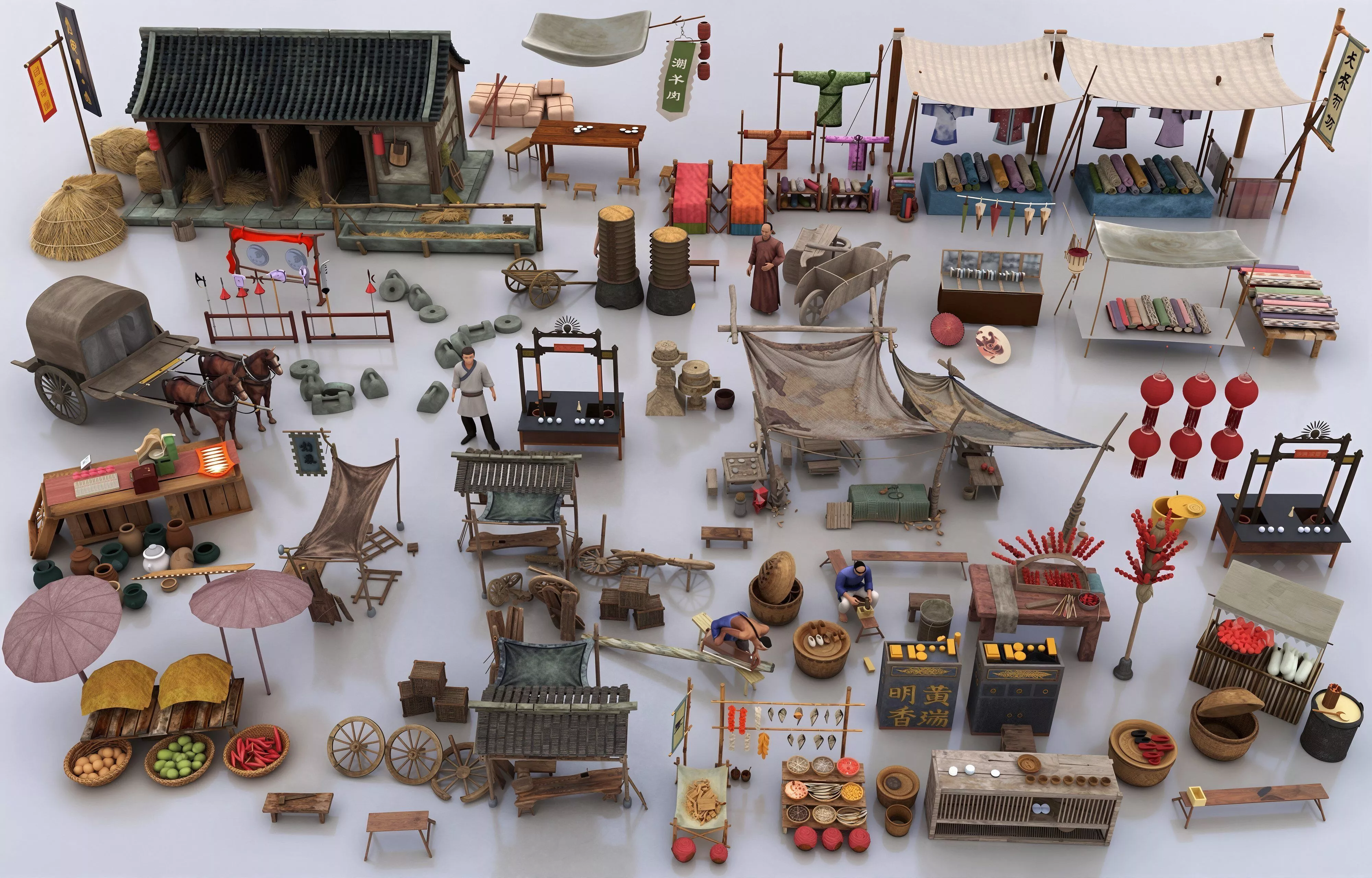 Ancient Chinese Street Vendor Market Asset Pack 3D Model 3D model