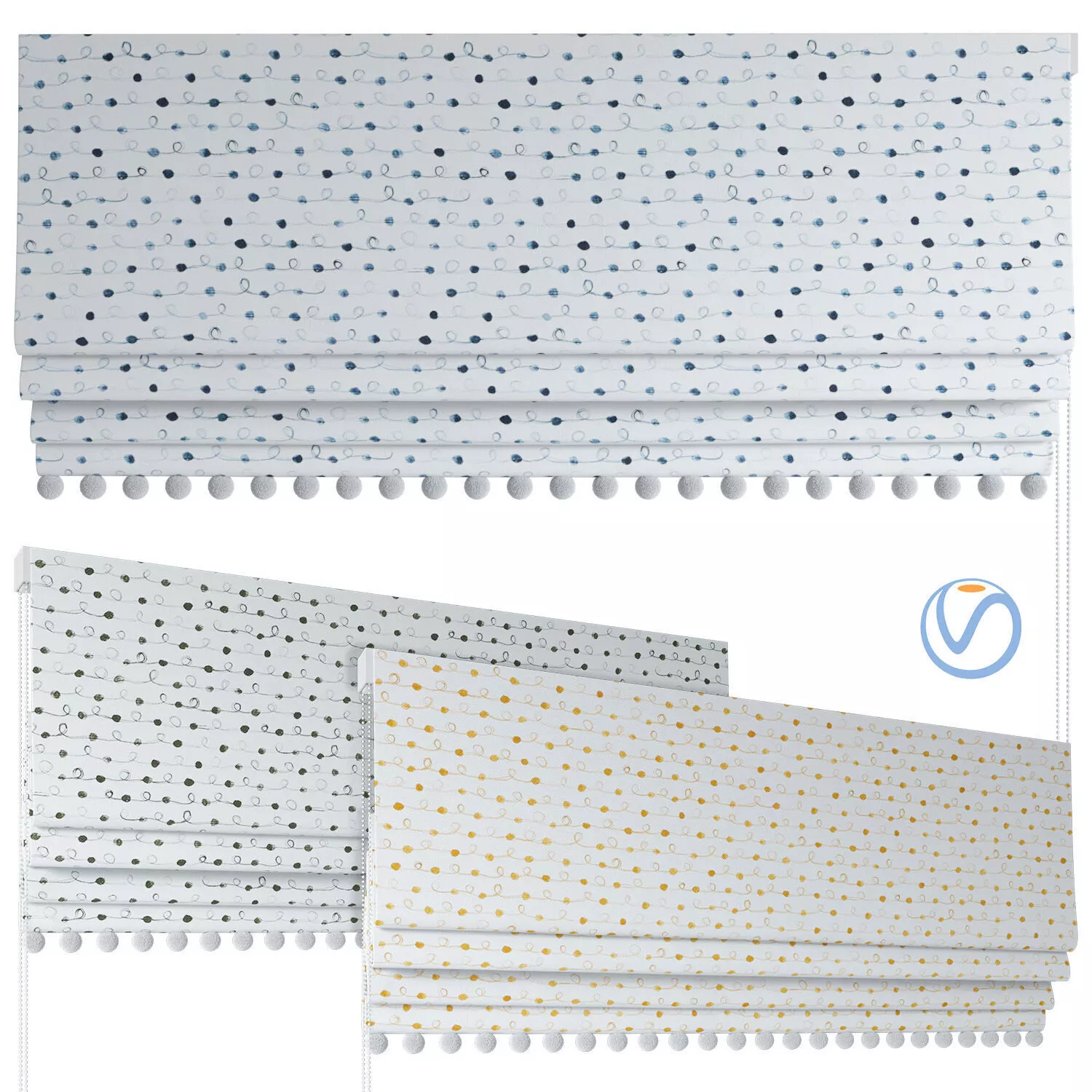 Roman Curtains 205 Beaded Ribbon Fabric Roman blind with pompoms 3D model