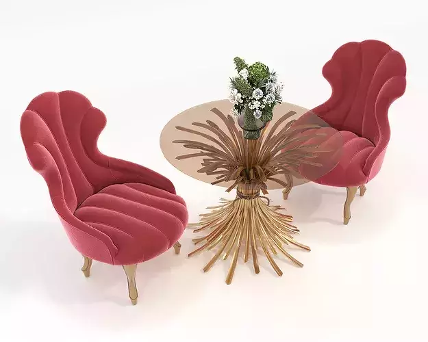 Luxury Art Deco Dining Table and Chair Set 3D model 2