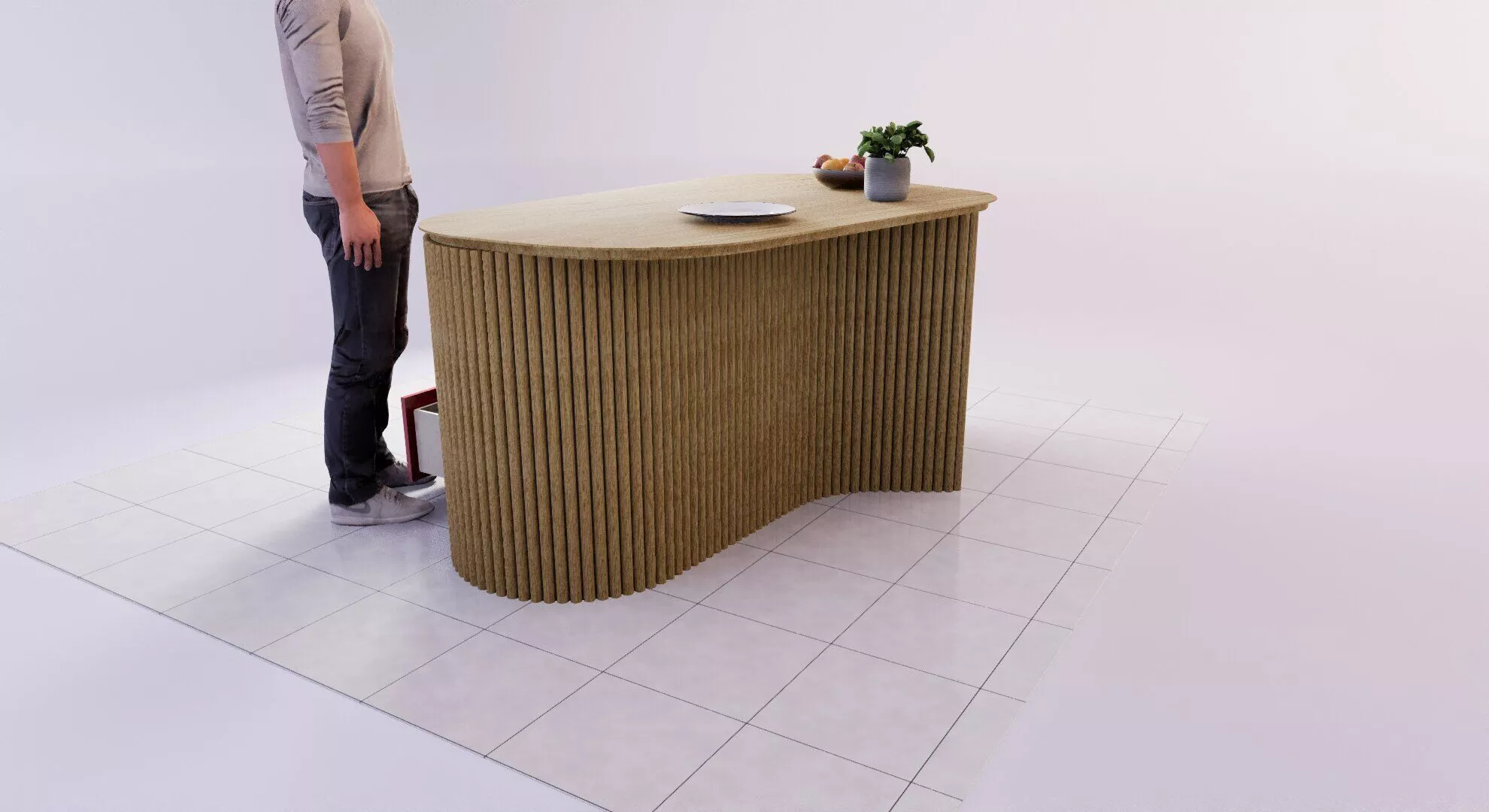 Modern Organic Kitchen Island with Fluted Wood Design 3D model