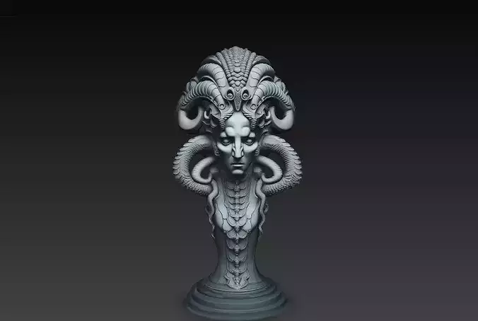 Mythic Serpent Queen Bust with Horns and Snakes