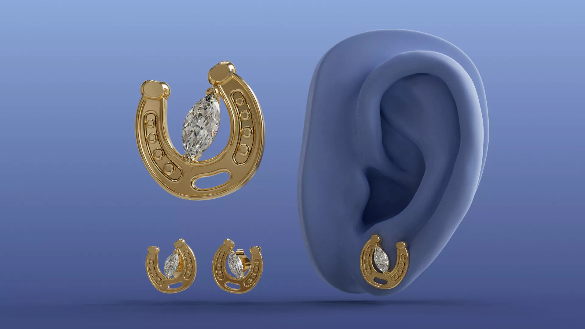 Marquise Diamond Horseshoe Lucky Stud Earrings 3D CAD Design 3D print model
