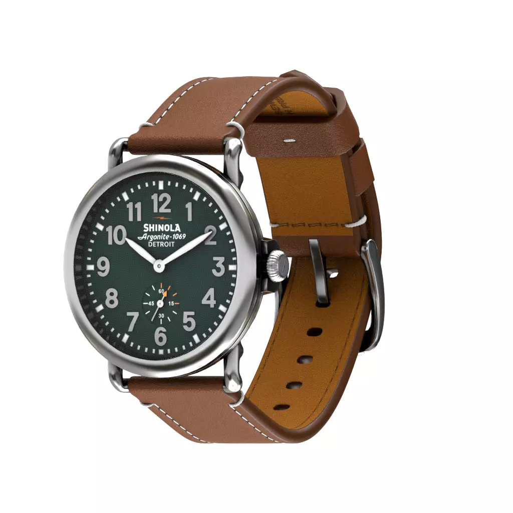 Shinola Detroid Runwell Watch Green Tan Leather Low-poly 3D model