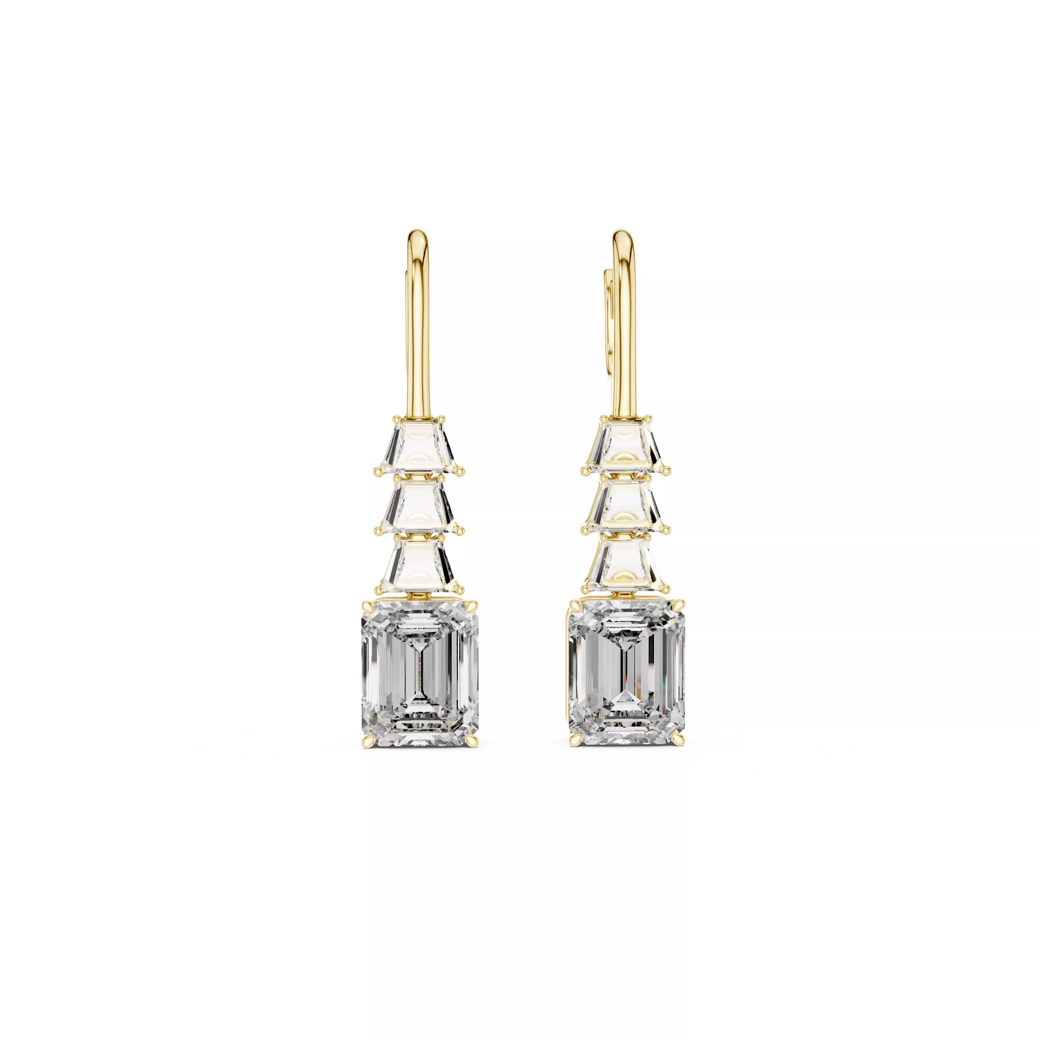 Luxury Vertical Emerald Cut Diamond Tiered Drop Earrings CAD 3D print model